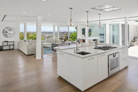 a kitchen that has a sink a stove and a wooden floor