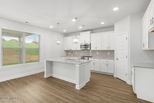 a kitchen with a sink wooden floor and white cabinets