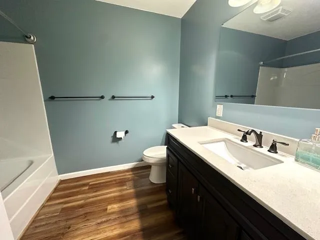 a bathroom with a sink a toilet a mirror and vanity