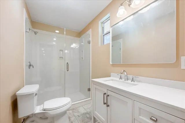 a bathroom with a sink a toilet a shower and a mirror