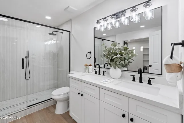 a bathroom with a sink a toilet and shower