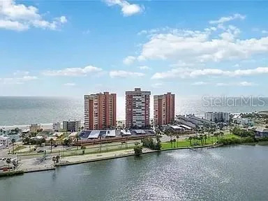 a view of ocean and building
