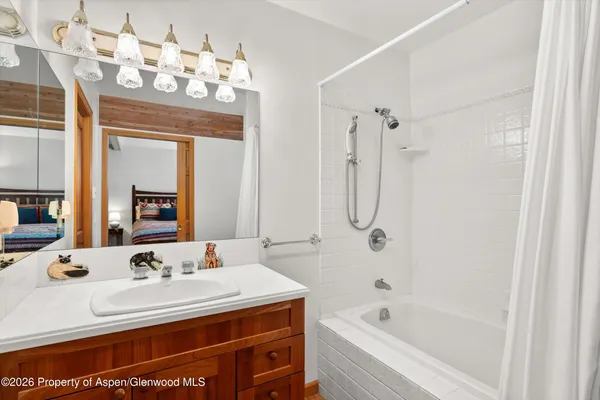 a bathroom with a bathtub sink and mirror