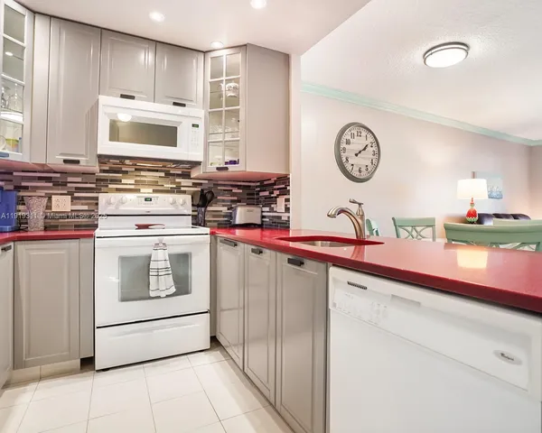 a kitchen with a stove and a clock