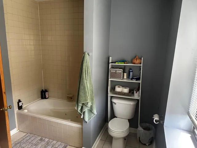 a bathroom with a toilet and a tub