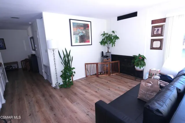 a living room with furniture potted plant and a wooden floor