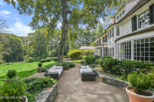 a view of a patio with couches and potted plants and large trees