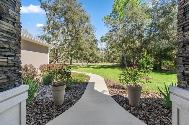 a view of a backyard with plants and outdoor seating