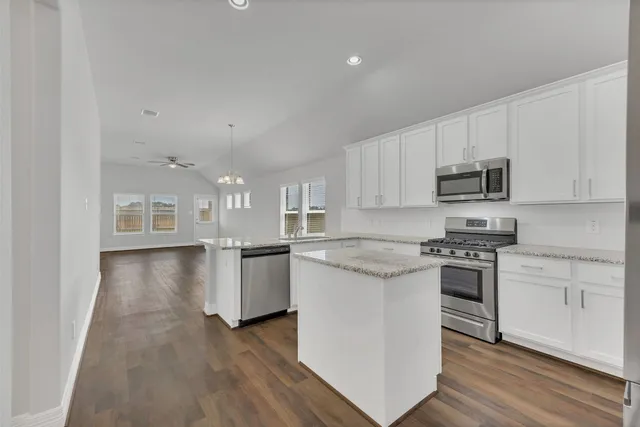 a kitchen with granite countertop white cabinets and stainless steel appliances