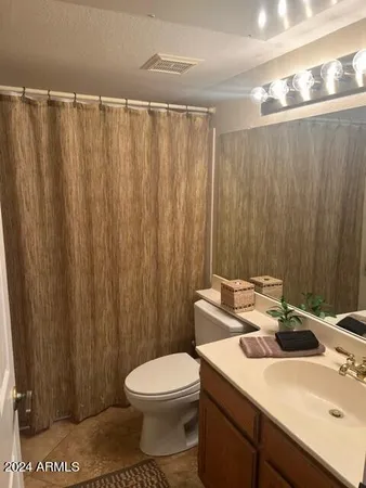 a bathroom with a sink a toilet and shower curtain