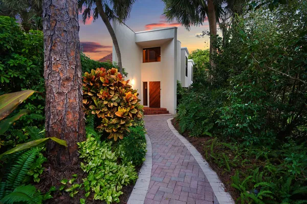 a view of a house with potted plants