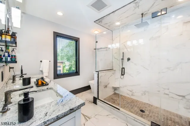 a bathroom with a granite countertop sink a mirror and shower