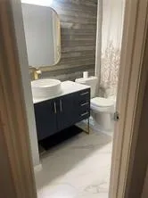 a bathroom with a sink vanity and toilet