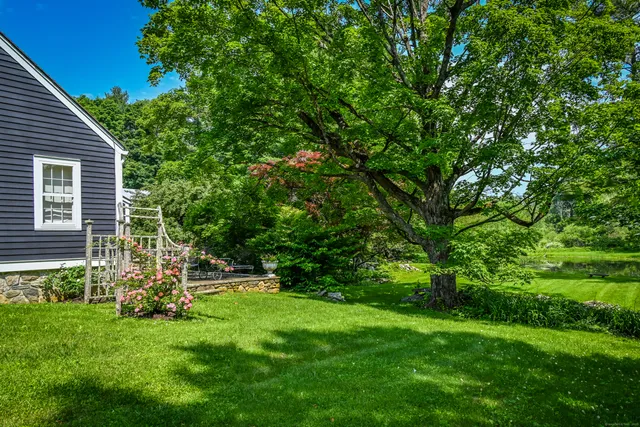 a view of a backyard with table and chairs and large tree