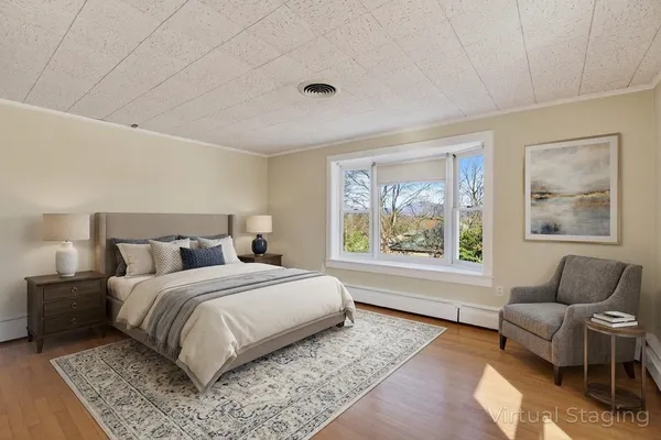 a view of a yard with plants and trees