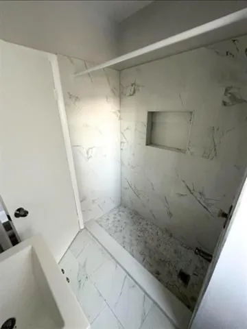 a bathroom with a shower and a sink