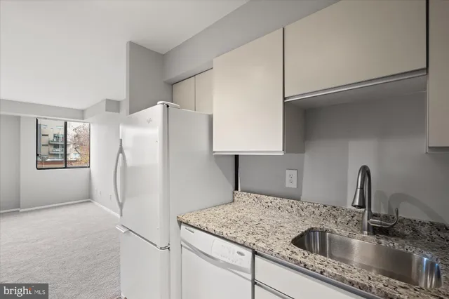 a kitchen with refrigerator a sink and cabinets