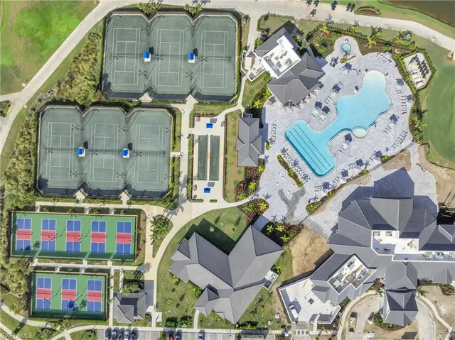 an aerial view of a swimming pool