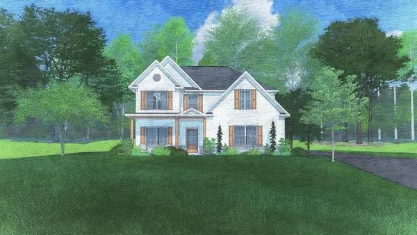 a front view of a house with a yard and trees
