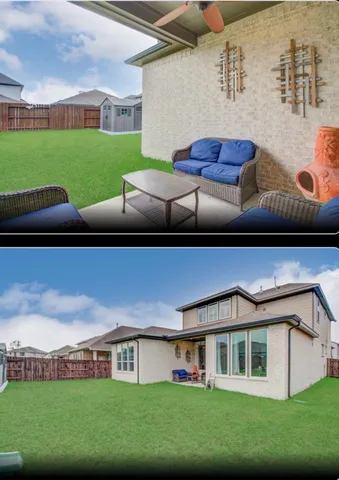 a view of a yard in front of a brick building