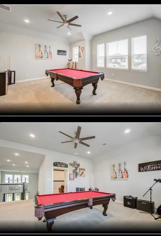 a living room with furniture and ceiling fan