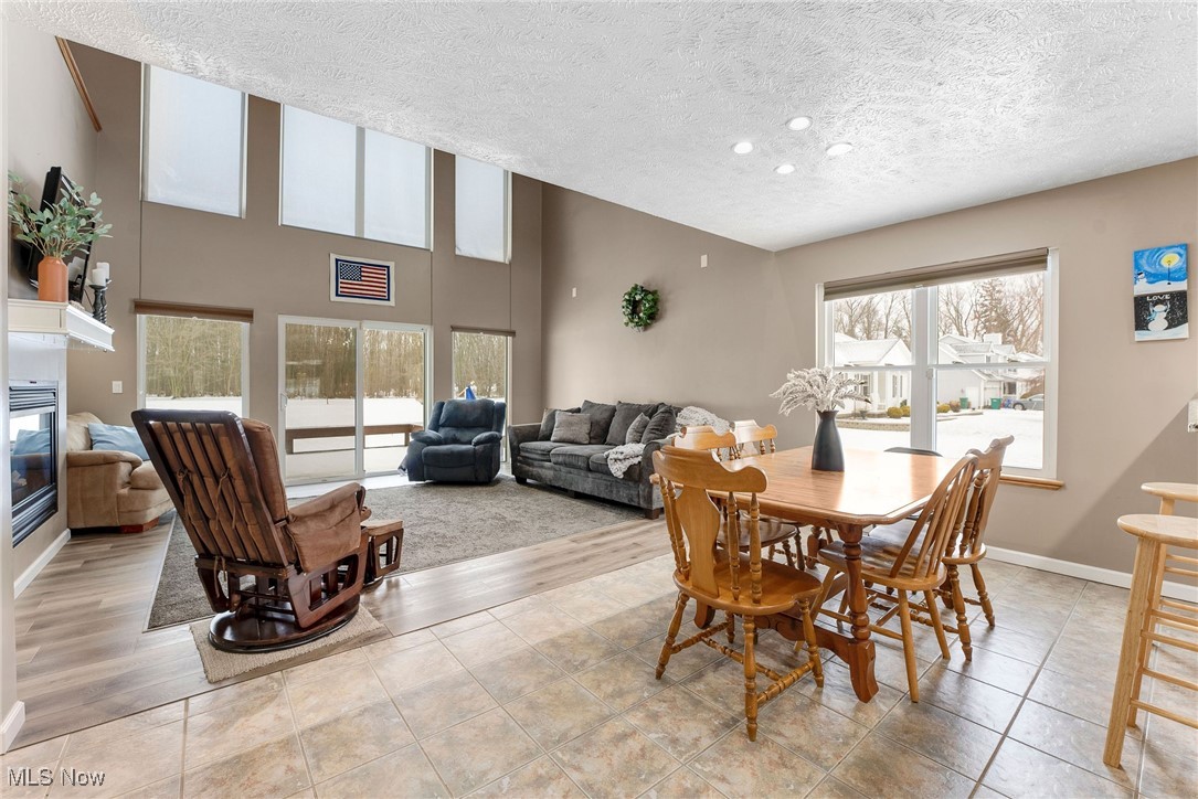 200 Bates Road Madison, OH 44057 - Photo 7 of 42 Dining area featuring baseboards, plenty of natural light, a textured ceiling, and a glass covered fireplace