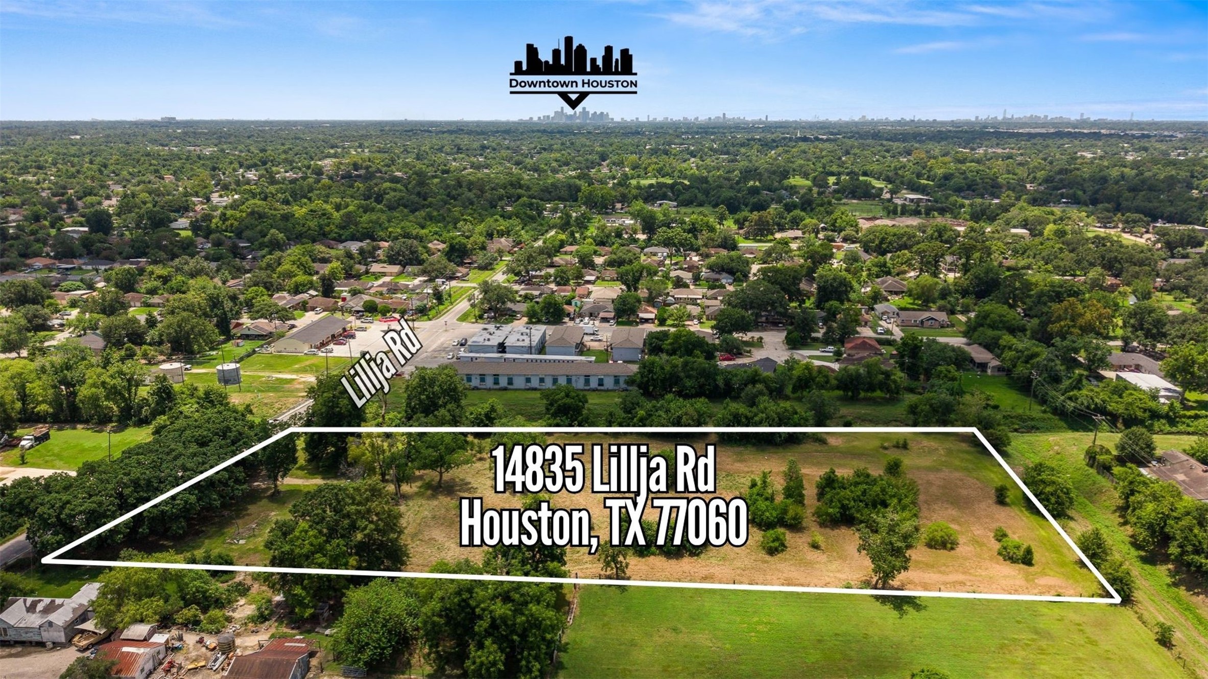 14835 Lillja Road Houston, TX 77060 - Photo 4 of 16 Looking south toward Downtown Houston, this aerial highlights the property's convenient location while showcasing the rare opportunity to own three unrestricted acres in North Houston.