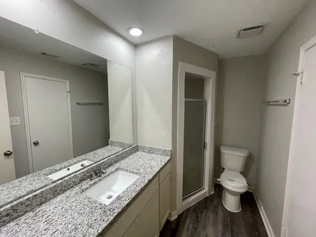 a bathroom with a granite countertop toilet a sink and a mirror