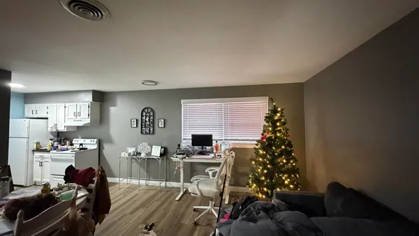 a living room with furniture a window and a potted plant