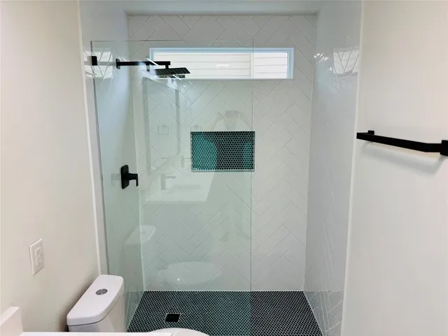 a bathroom with a shower and toilet