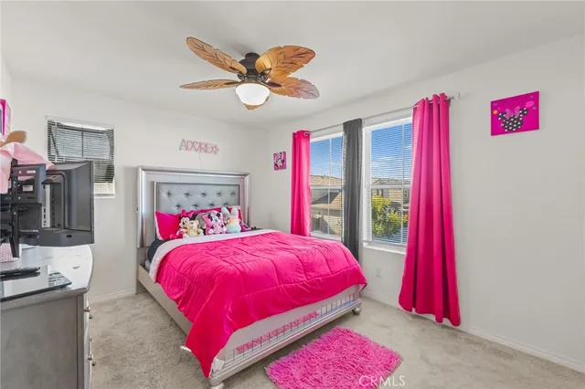 a bedroom with a bed and a large closet