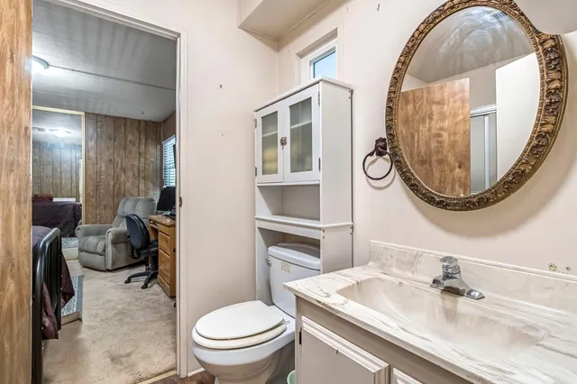 a bathroom with a sink a toilet and a mirror
