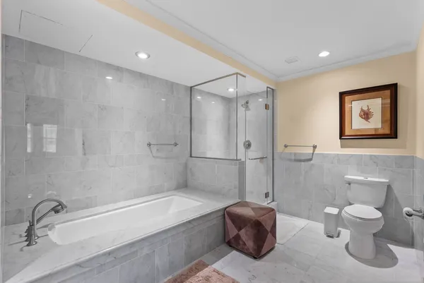 a bathroom with a tub shower and toilet