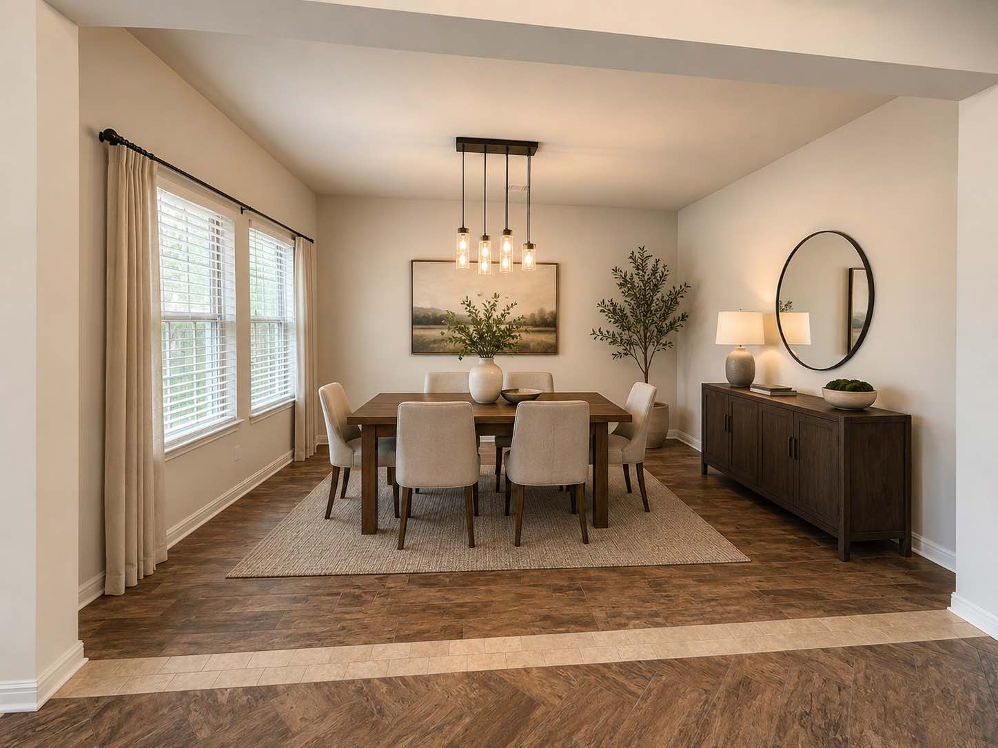 11306 Runnel Ridge Road Manor, TX 78653 - Photo 3 of 15 Elegant dining space featuring a modern chandelier, ample natural light, and richly toned flooring.