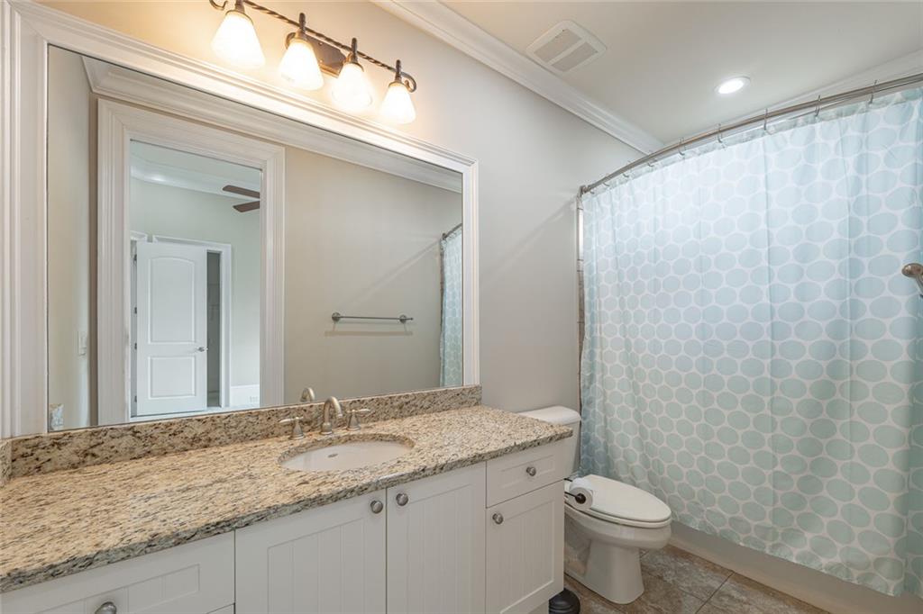 250 Frank Bruce Road Dawsonville, GA 30534 - Photo 41 of 110 a bathroom with a granite countertop sink toilet and shower