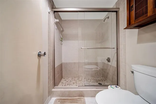 a bathroom with a shower and a toilet