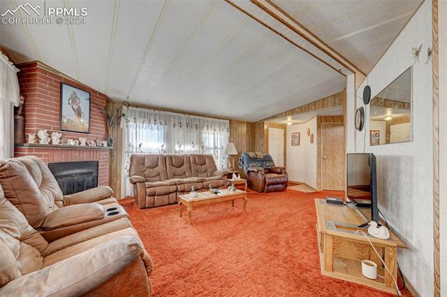11955 Smith Road Peyton, CO 80831 - Photo 12 of 24 Carpeted living room with lofted ceiling, a textured ceiling, and a fireplace