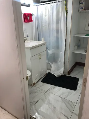 a bathroom with a sink and a shower