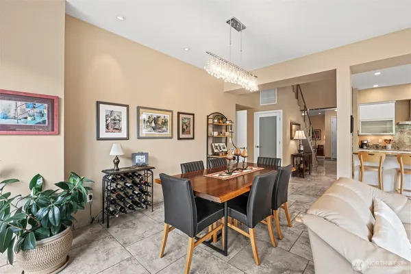 a view of a dining room with furniture