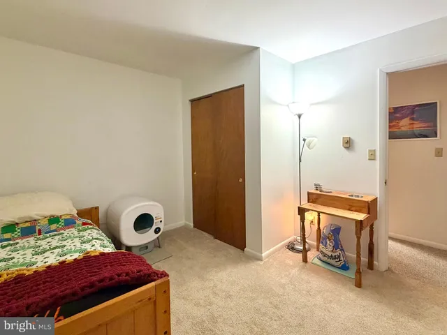 a bedroom with a bed and a cabinets