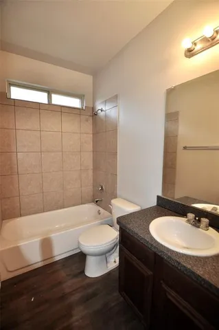 a bathroom with a sink a toilet a mirror and bathtub