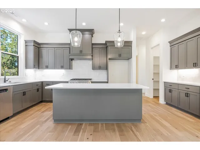 a large kitchen with stainless steel appliances kitchen island a large counter top a sink cabinets and wooden floor