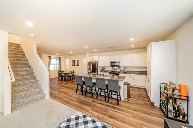 a view of a dining room with furniture