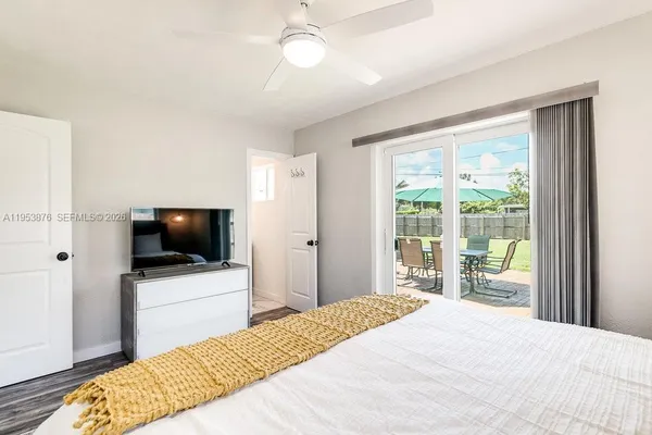 a bedroom with a bed and a flat screen tv