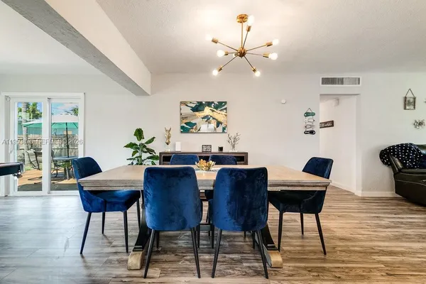 a view of a dining room with furniture