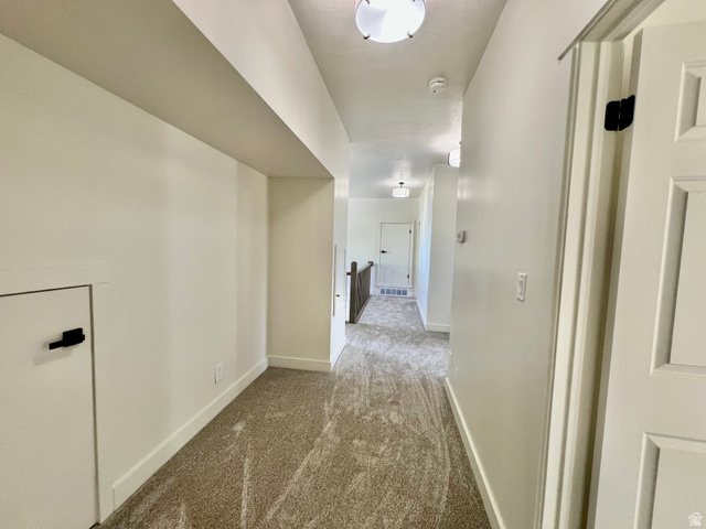 812 East Bates Cyn Road Tooele, UT 84074 - Photo 61 of 144 Carpeted hallway featuring bright overhead lighting, white walls, and a built-in access panel with a black latch