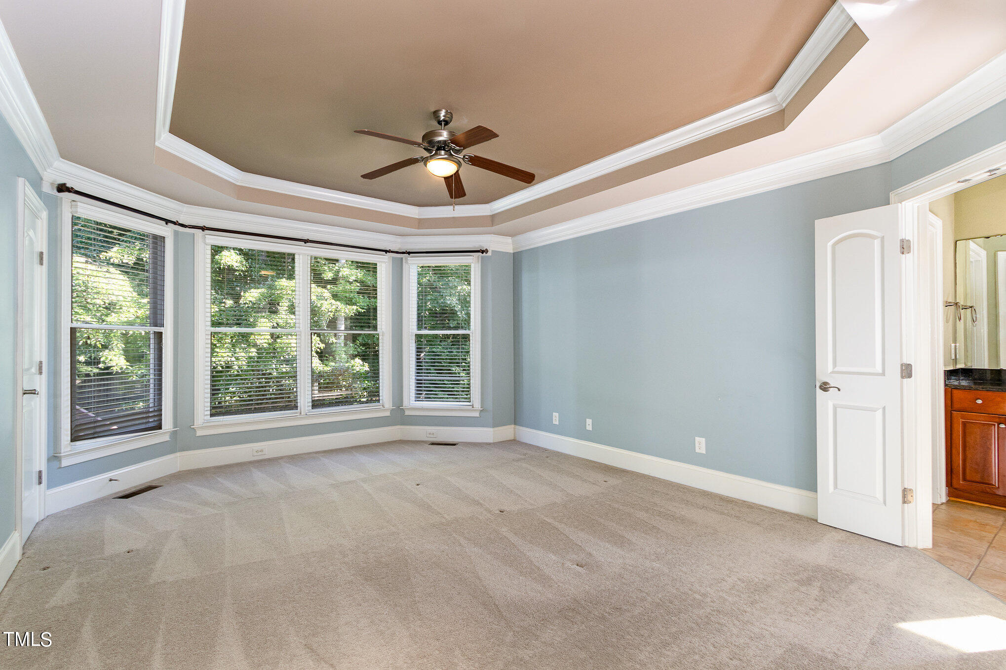 8319 La Matisse Road Raleigh, NC 27615 - Photo 20 of 46 !st floor Primary Bedroom Suite with views of the lush green back yard.