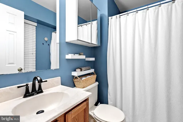 a bathroom with a sink toilet and mirror