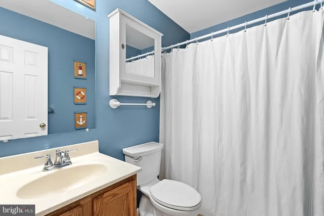 a bathroom with a sink a toilet and shower curtain