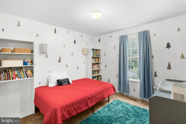 a spacious bedroom with a bed and a book shelf